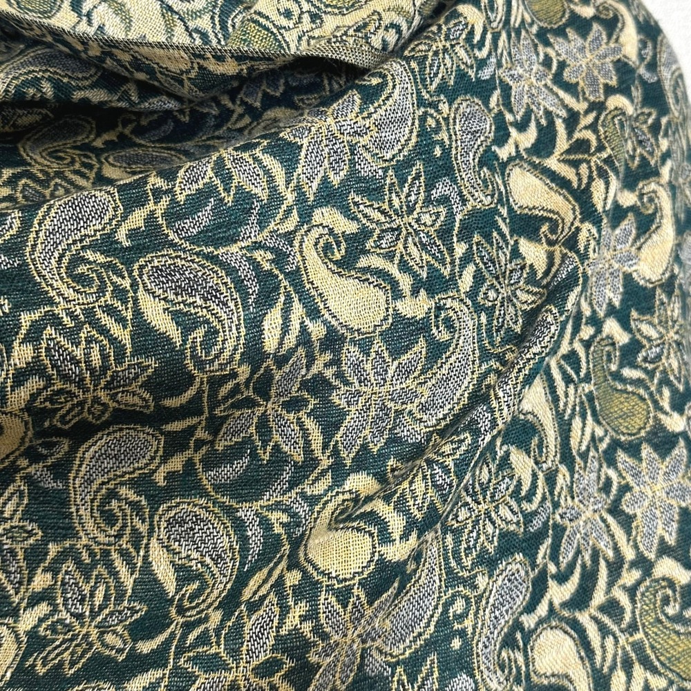 Pashmina Paisley Wrap Shawl Scarf Fringe Green Gold Cotton Silk Blend - Picture 3 of 8